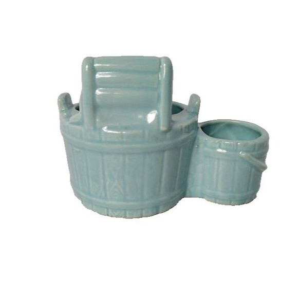 Vintage Planter Wringer Wash Tub and Bucket Ceramic Greenish Blue 6.5 X 4 Inch - Picture 5 of 8